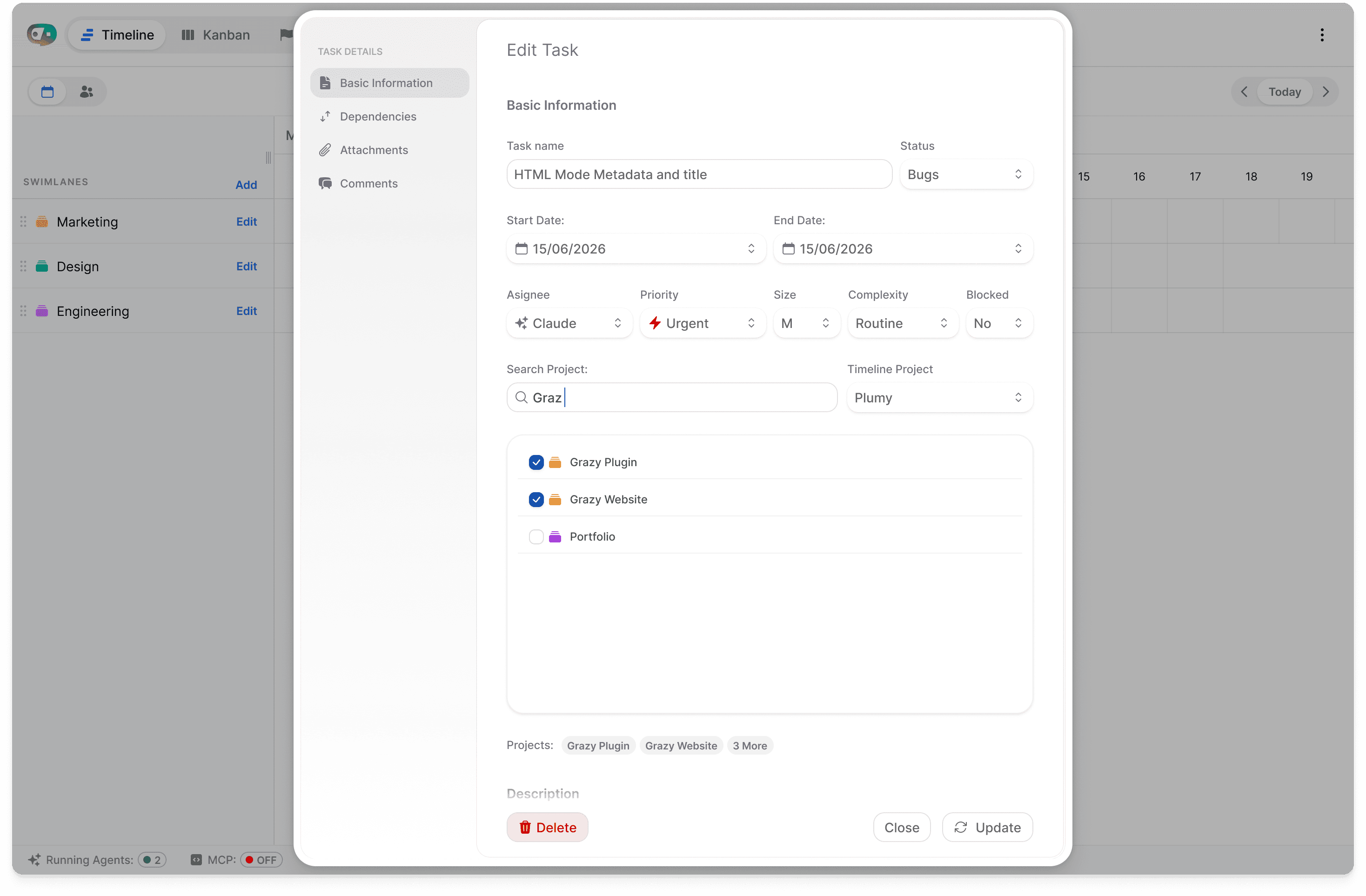 OMVRA edit task panel with task fields, project assignment, and update controls