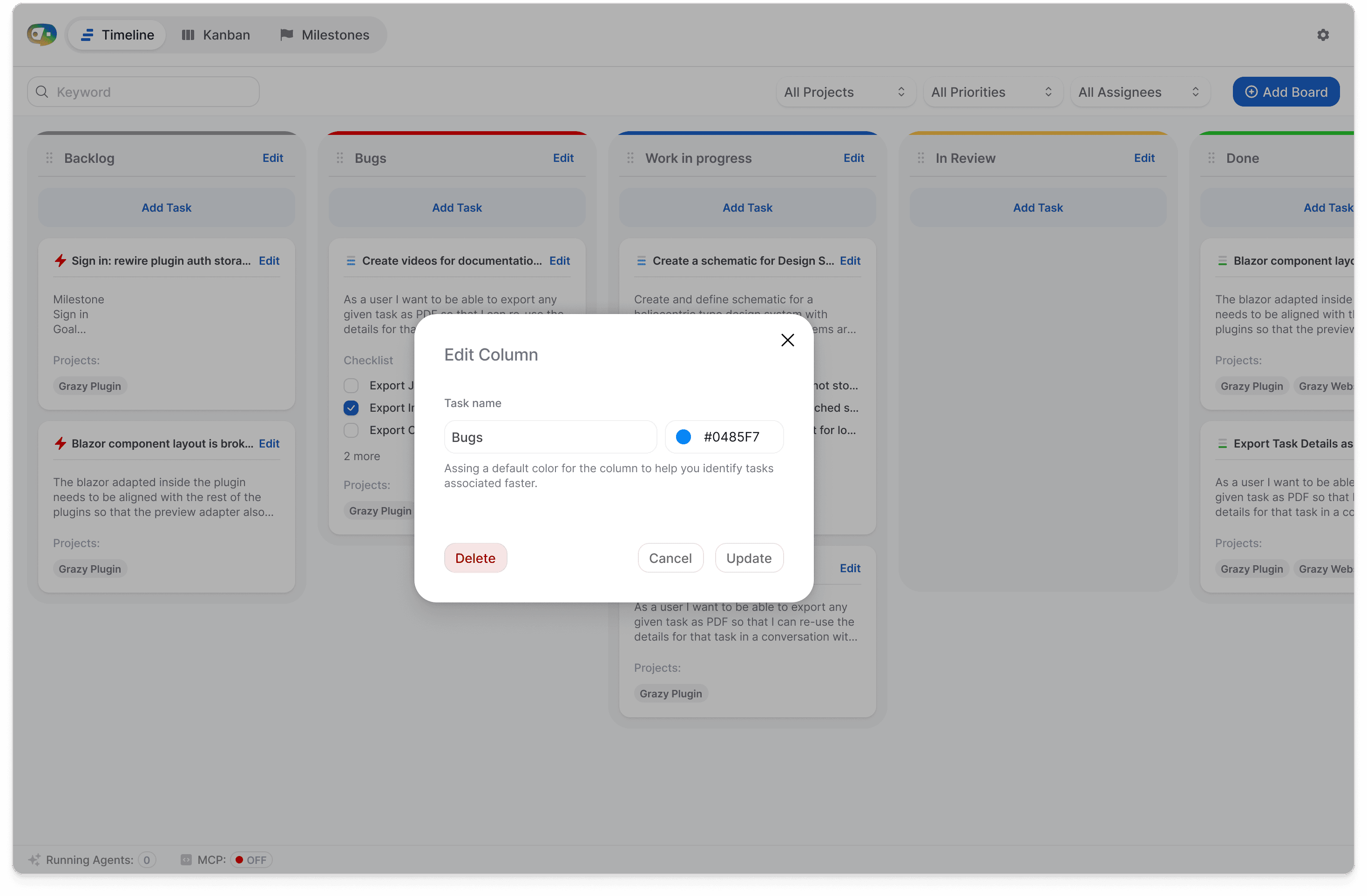 OMVRA edit column dialog on top of the Kanban board