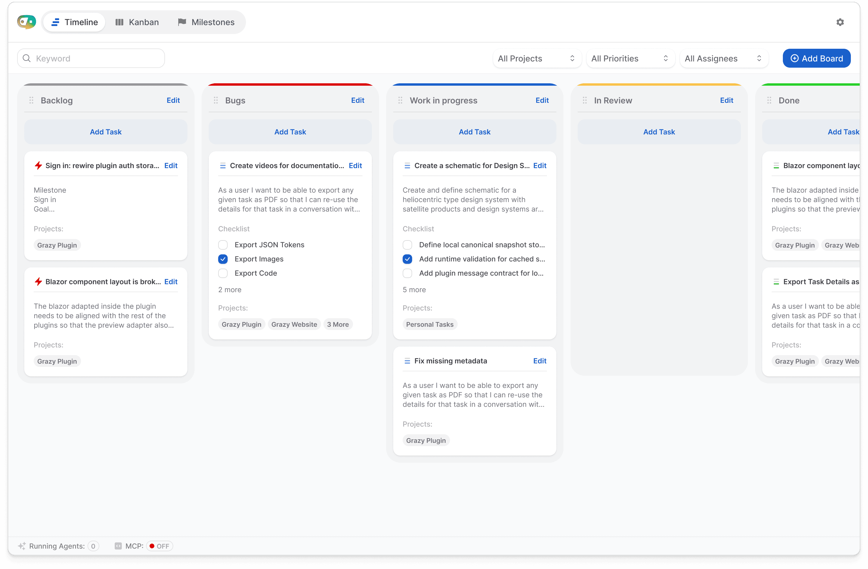 OMVRA Kanban view with filters, status columns, and task cards