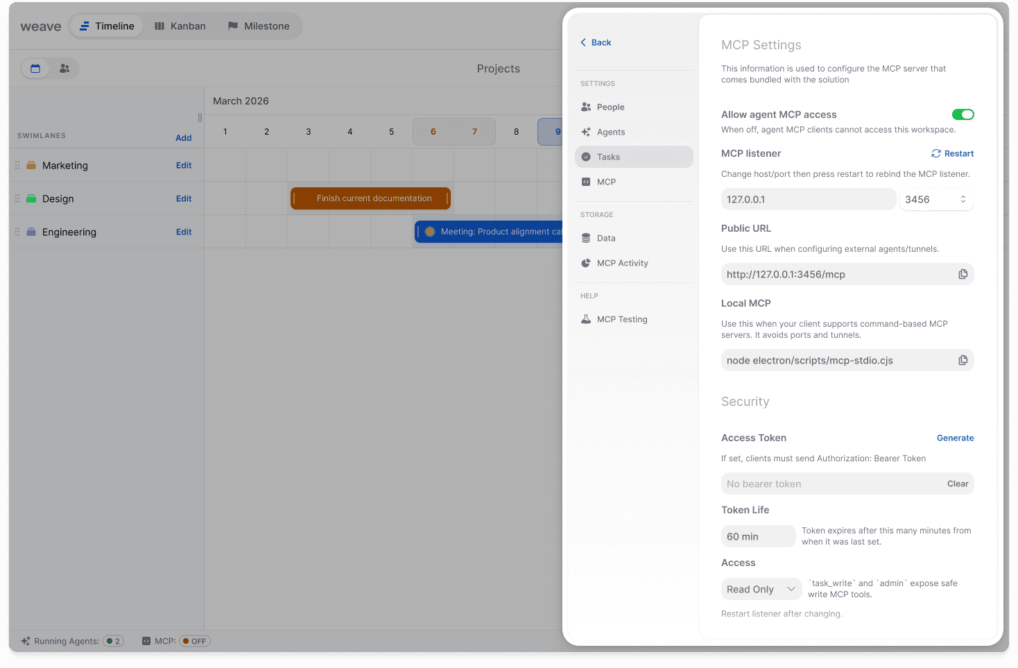OMVRA MCP settings panel with local server access controls