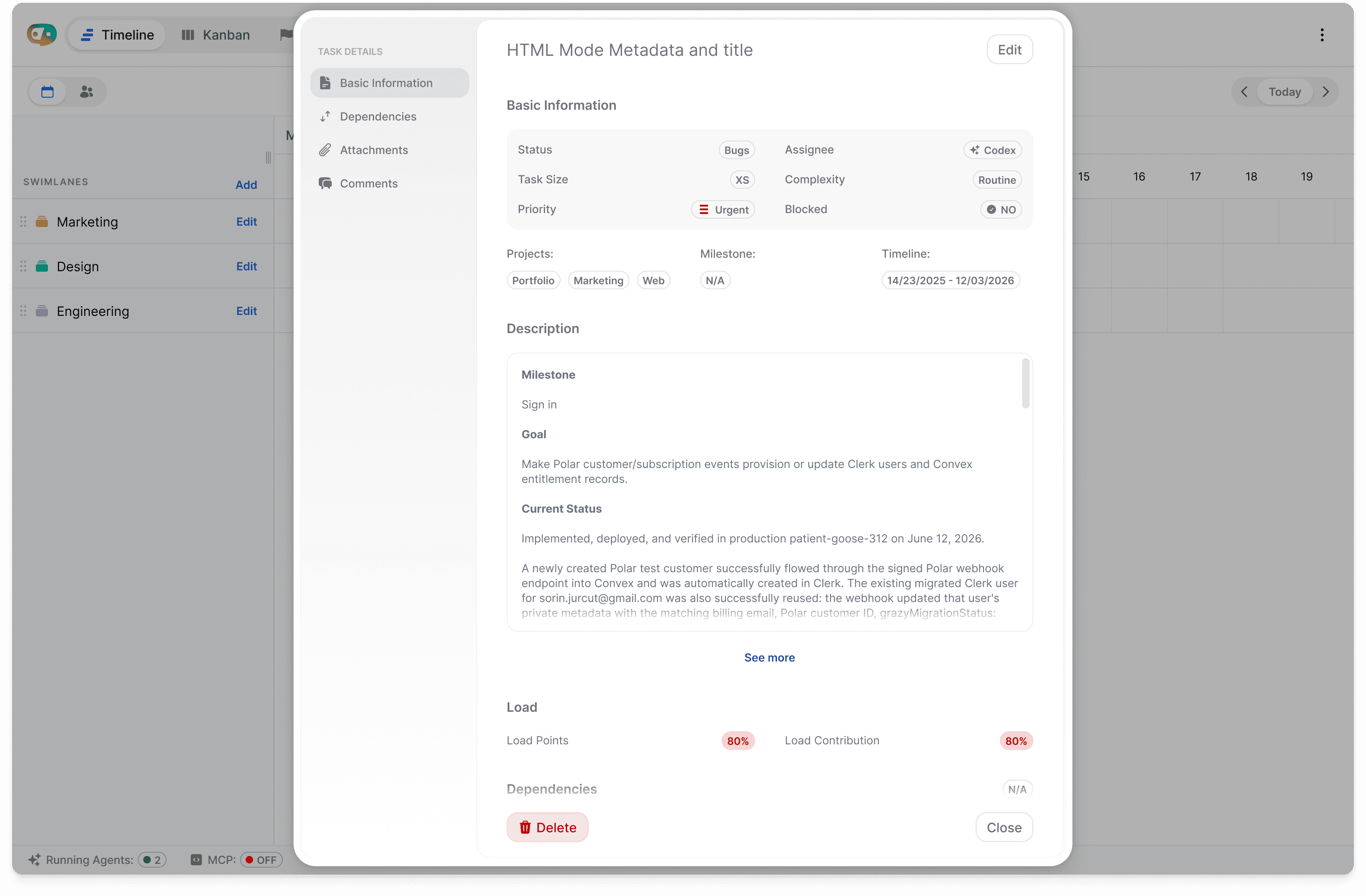 OMVRA task details panel showing metadata, description, workload, and dependencies