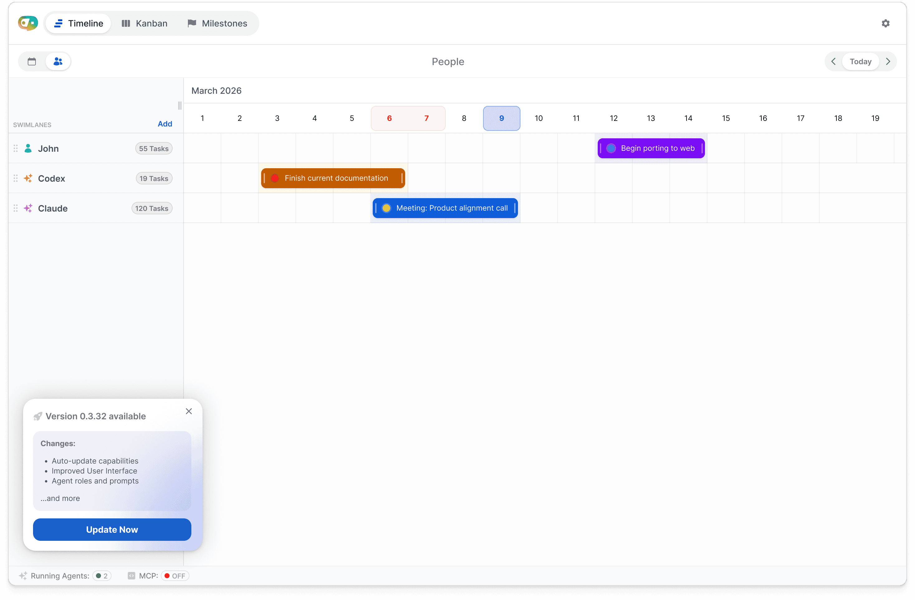 OMVRA timeline planning view with people swimlanes and an update prompt