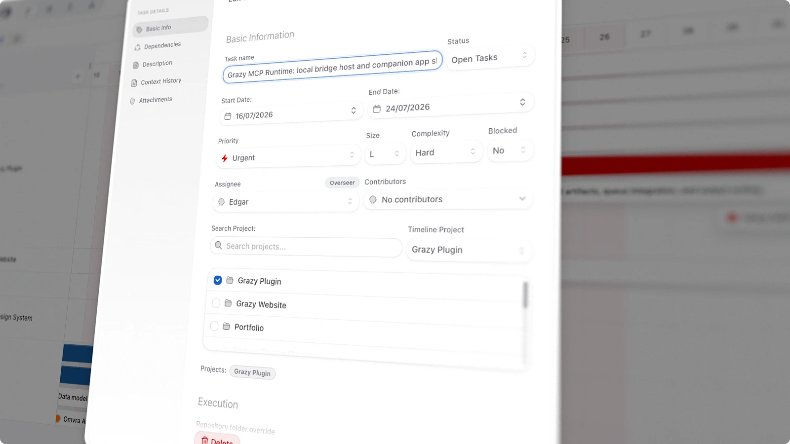 OMVRA edit task panel with task fields, project assignment, and update controls