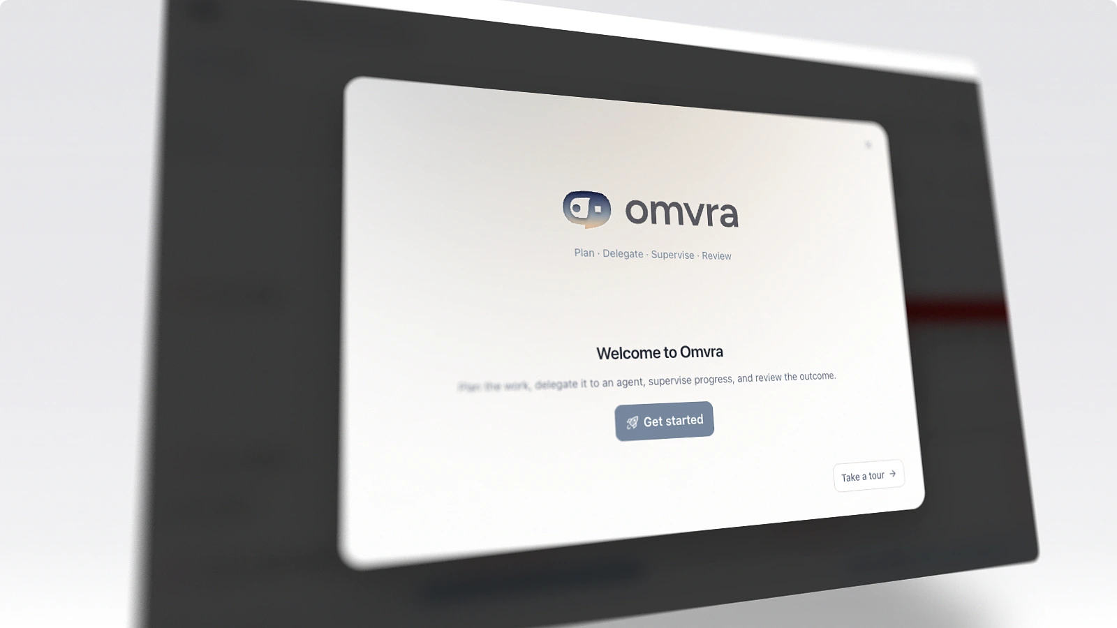 Omvra welcome screen with Get started and Take a tour actions