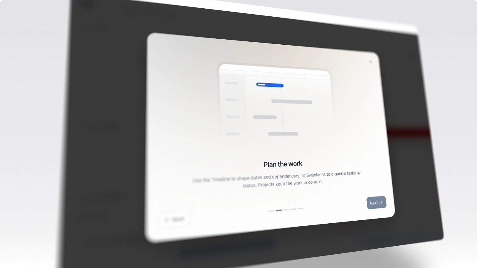 Omvra Plan the work tour screen with a timeline illustration and step indicators