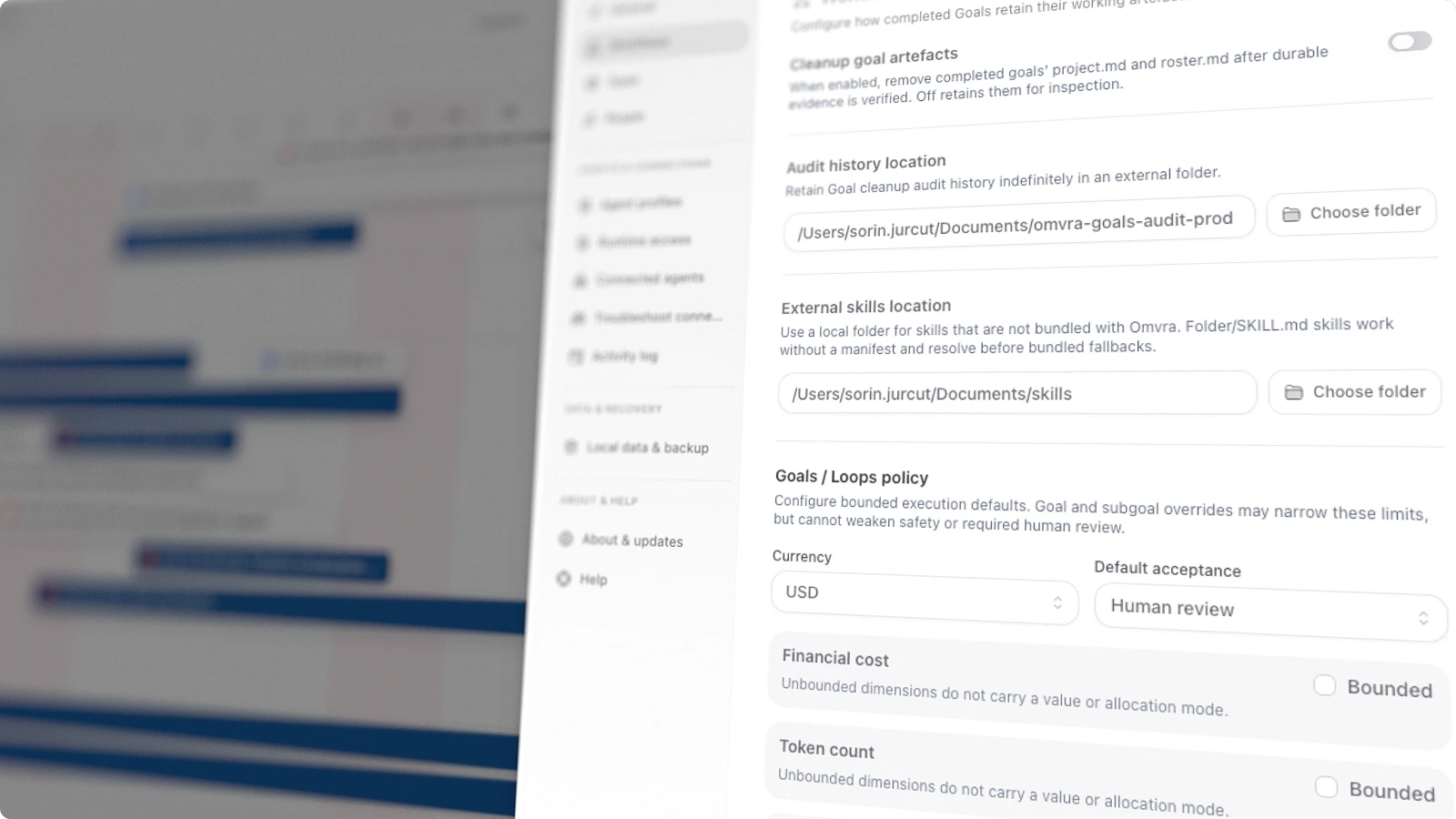 OMVRA MCP settings panel with local server access controls