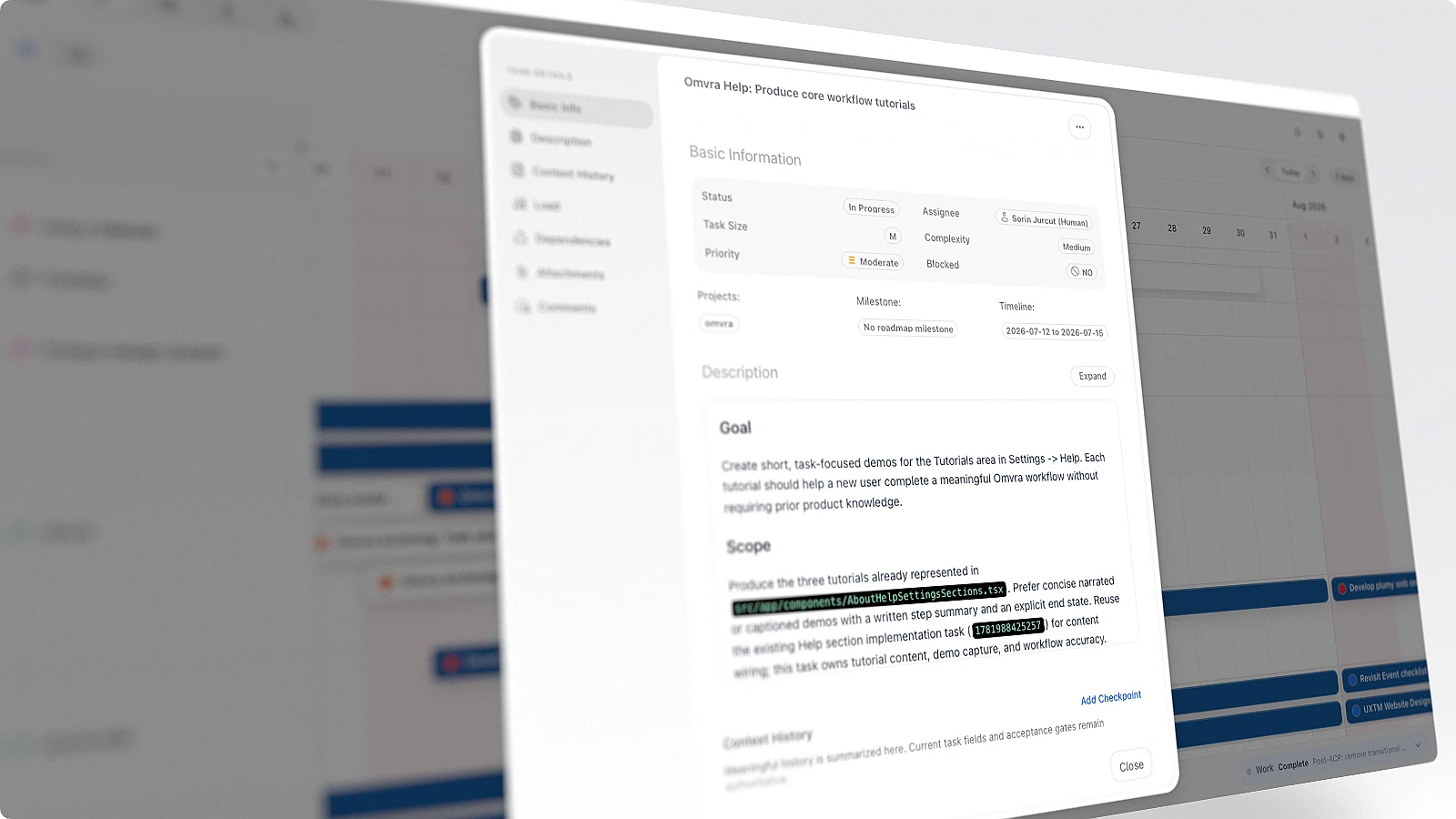 OMVRA task details panel showing metadata, description, workload, and dependencies